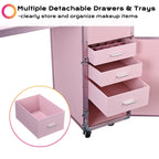Byootique Portable Nail Desk & Makeup Station with Mirror, 4 Drawers, Bluetooth, USB, Pink