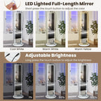 360�� Swivel Jewelry Cabinet Armoire w/ Full Length Mirror 3-Color LED Lights & Rear Shelves, Lockable Standing Jewelry Storage Organizer