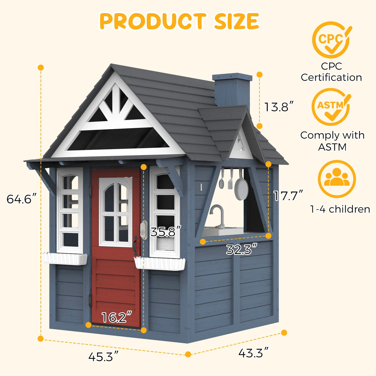 COCLUB Outdoor Playhouse for Kids Ages 4-8, Wooden Play House with Doorbell, Phone, Kitchen Toys, Outdoor Kids Play Equipment, Casa Para Niñas (45”L x 65”H), White & Black