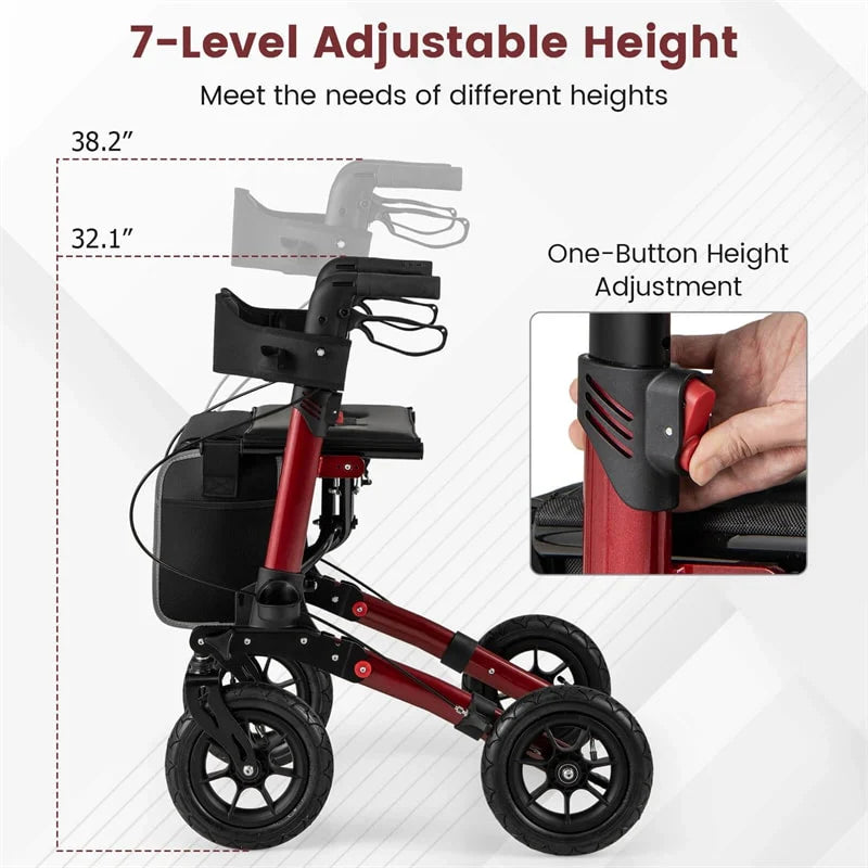 2-in-1 Folding Rolling Rollator Walker with Seat, 9" All-Terrain Pneumatic Tires & Height Adjustment, Aluminum Mobility Walking Aid for Seniors
