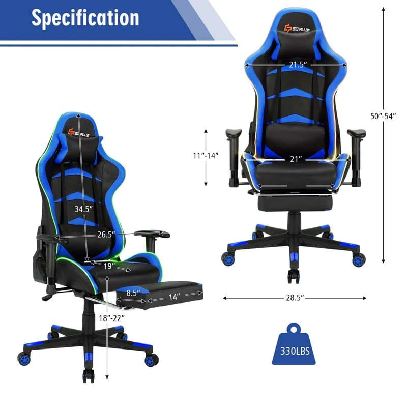 LED Massage Gaming Chair, Height Adjustable Racing Computer Office Chair with Footrest, Ergonomic High Back PU Swivel Game Chair