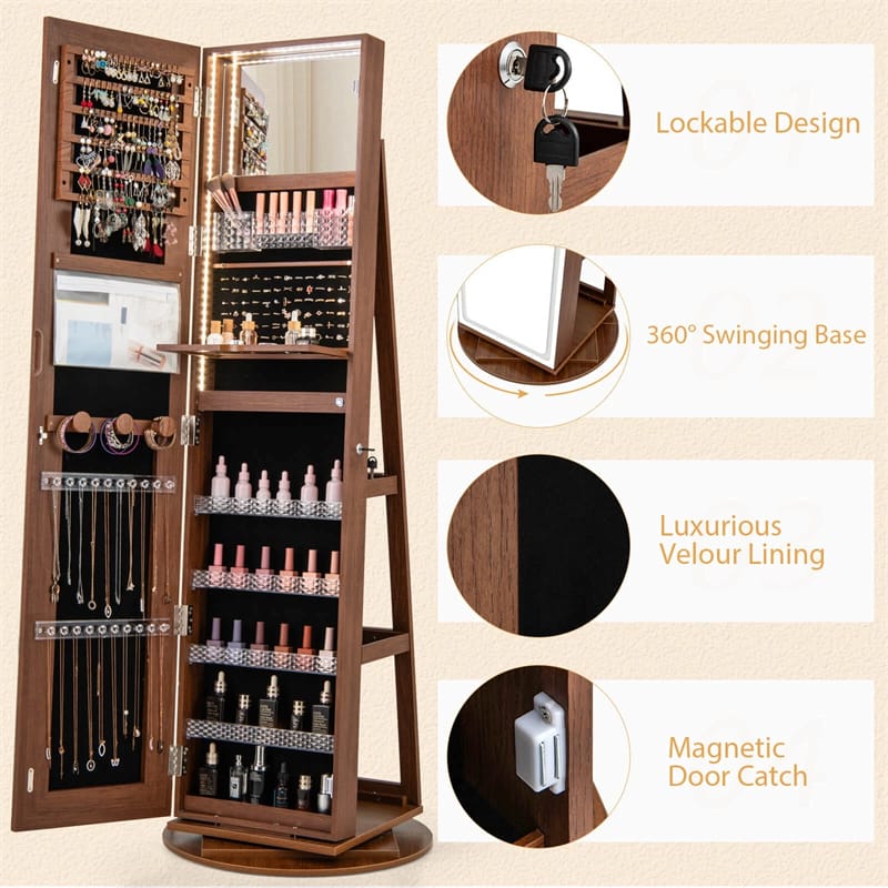 360�� Swivel Jewelry Cabinet Armoire w/ Full Length Mirror 3-Color LED Lights & Rear Shelves, Lockable Standing Jewelry Storage Organizer