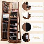 360�� Swivel Jewelry Cabinet Armoire w/ Full Length Mirror 3-Color LED Lights & Rear Shelves, Lockable Standing Jewelry Storage Organizer