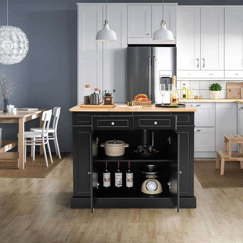 47" x36" x36" Rubber Wood Top Kitchen Island with Drop Leaf, 2 Drawers, Kitchen Storage Cabinets, Spice Racks, Adjustable Shelves