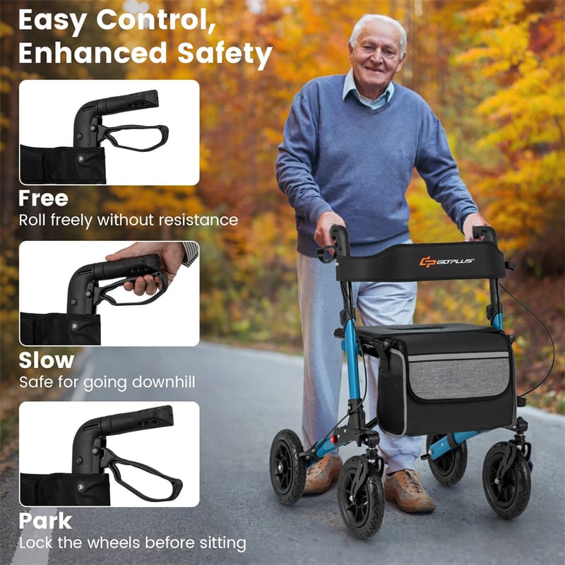 2-in-1 Folding Rolling Rollator Walker with Seat, 9" All-Terrain Pneumatic Tires & Height Adjustment, Aluminum Mobility Walking Aid for Seniors