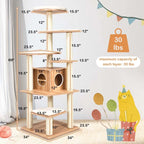 69" Tall Cat Activity Tree Wood Multi-Layer Large Cat Tower Condo with Scratch Resistant Rope & Plush Cushions