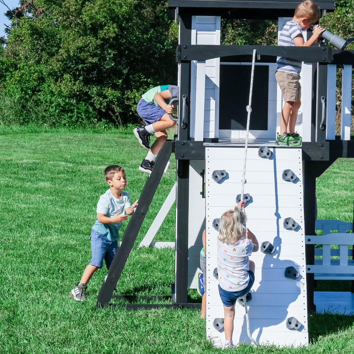 Canyon Creek Cedar Wood Swing Set with Wave Slide, Clubhouse, Play Kitchen, Picnic Area, Belt Swings, Web Swing, Rock Wall, Balconies, Playhouse, Step Ladder, Outdoor Playset