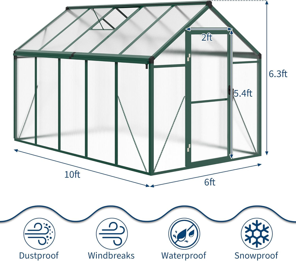6x10 FT Greenhouse  Easy Assembly Aluminum Polycarbonate Greenhouses for Outdoors with Roof Vent and Ground Nails  Heavy Duty Aluminum Walk-in Greenhouse for Backyard  Sliding Lockable Door  Green