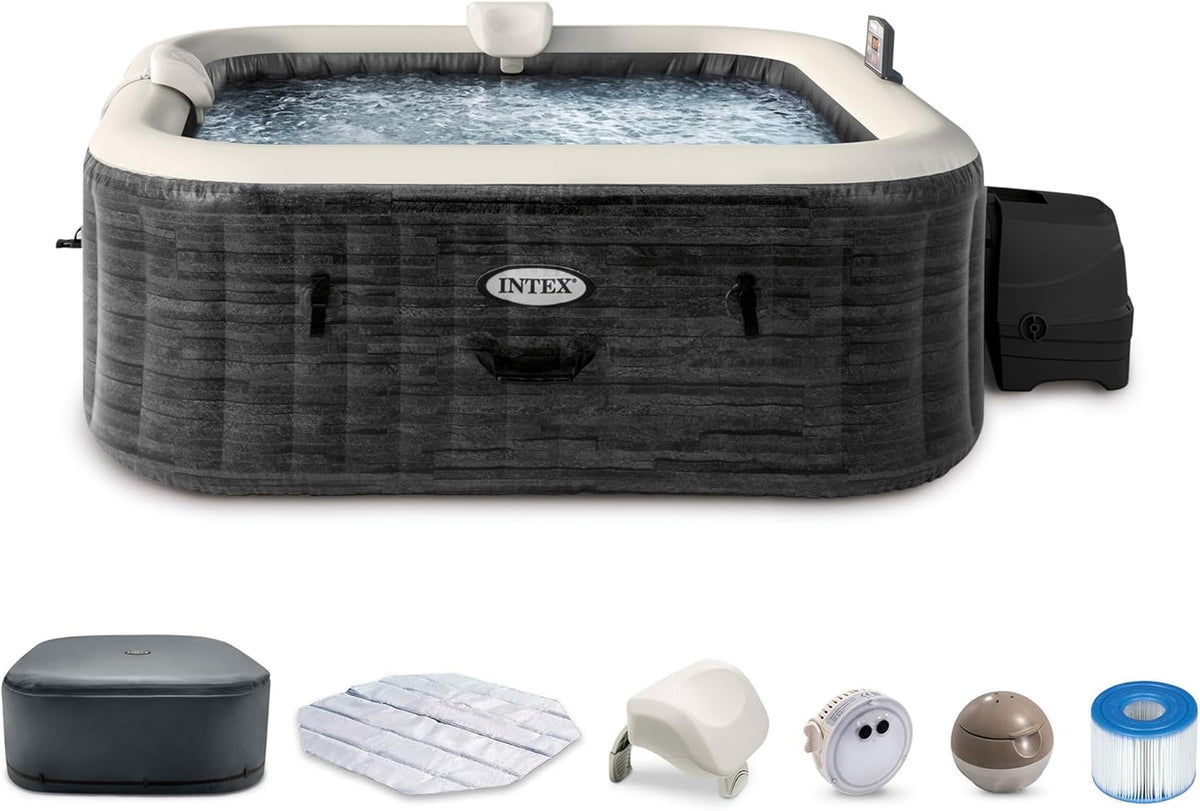 INTEX 28451EP PureSpa Greystone Deluxe Spa Set: Includes Energy Efficient Spa Cover and Wireless Control Panel �C Spa Control App �C Built-In FastFill Inflation System �C 6 Person Capacity �C 77" x 28"