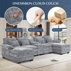Wiilayok U Shaped Cloud Couch Modular Sectional Sofa 124" Extra Deep Fluffy Chenille Double Chaise Lounge, Central Console w/ Dual USB-C & A Ports, Storm Gray