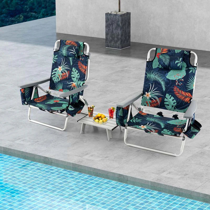 2 Pack 5-Position Outdoor Folding Backpack Beach Chair & Table Set, Patio Lawn Camping Chair Beach Sling Chair