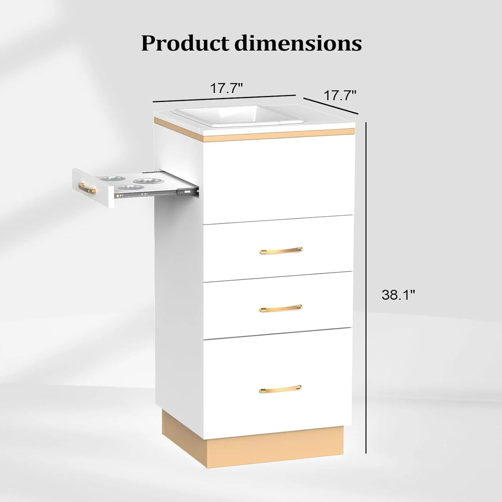 OmySalon Salon Storage Station, Barber Stations Beauty Salon Spa Equipment with 3 Drawers, a Storage Basin, 3 Hair Dryer Holders for Hair Styling, White Gold
