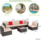 Vongrasig 8 Pieces Patio Furniture Set with 43" Fire Pit, Outdoor Couch Sectional Set, Small Conversation Set, 50,000 BTU Gas Fire Pit Propane Fire Table with Lid, Beige