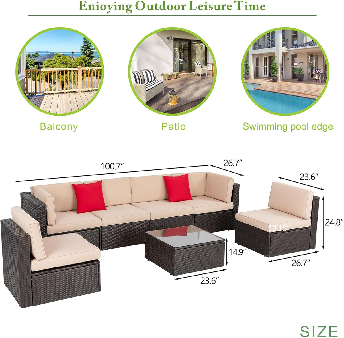 Vongrasig 8 Pieces Patio Furniture Set with 43" Fire Pit, Outdoor Couch Sectional Set, Small Conversation Set, 50,000 BTU Gas Fire Pit Propane Fire Table with Lid, Beige