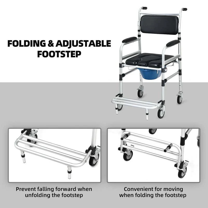 2-in-1 Foldable Shower Commode Wheelchair, Aluminum Alloy Transport Chair Toilet Bedside Wheelchair with Commode