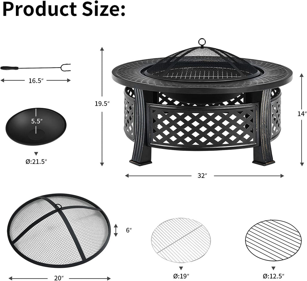 Giantex 3 in 1 Fire Pit, 32" Outdoor Wood Burning Fire Pit, Multifunctional Round Firepit Stove, Metal Fire Bowl with Cover, Portable Fire Pits for Outside Heating, Bonfire, Picnic, Grill