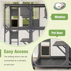 72 Inch Large Wooden Cat House Catio Kitten Enclosure on Wheels with Weatherproof Asphalt Roof