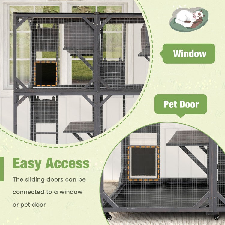 72 Inch Large Wooden Cat House Catio Kitten Enclosure on Wheels with Weatherproof Asphalt Roof