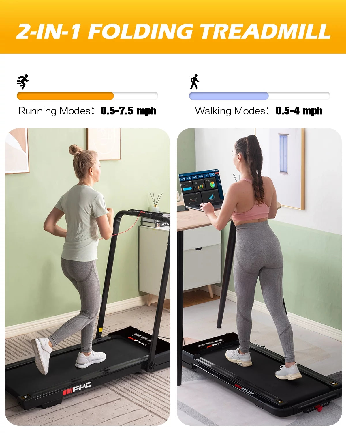 FYC 3.5HP Under Desk Treadmill �?300LBS Weight Capacity, 2-in-1 Foldable Design, Remote Control & LED Display �?Compact Electric Walking and Running Machine for Walking, Running, Jogging (Black)