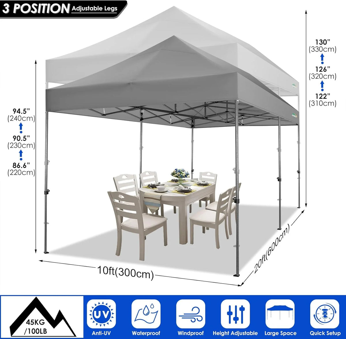 COBIZI 10x20 Heavy Duty Pop up Canopy Tent with 6 sidewalls Easy Up Commercial Outdoor Canopy Wedding Party Tents for Parties All Season Wind & Waterproof Gazebo with Roller Bag,Black(Frame Thickened)