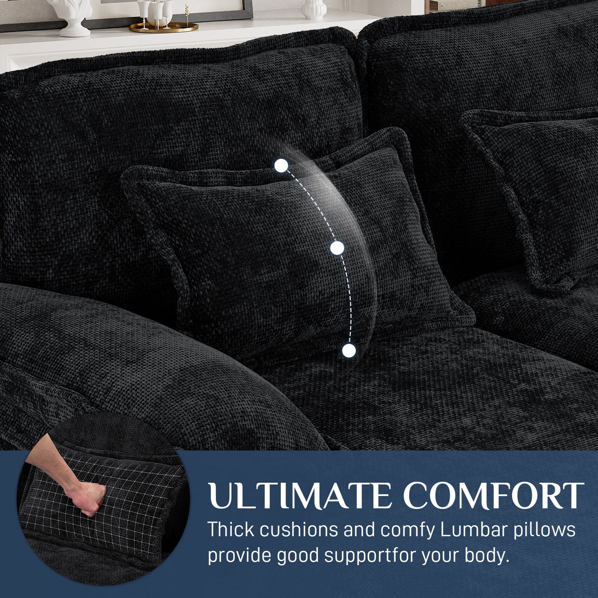 Wiilayok U Shaped Cloud Couch Modular Sectional Sofa 124" Extra Deep Fluffy Chenille Double Chaise Lounge, Central Console w/ Dual USB-C & A Ports, Storm Gray