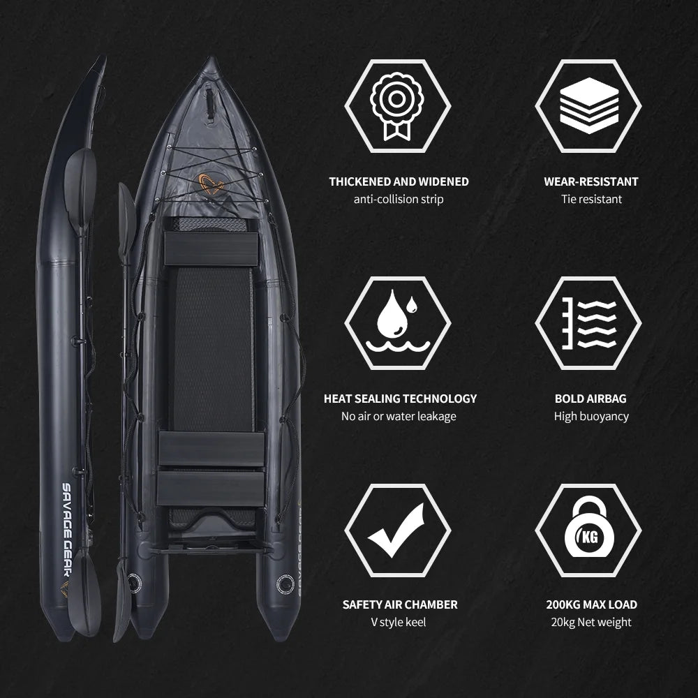2 Person Inflatable Kayak Fishing PVC Boat – 130” x 43” x 11.8” with Aluminum Alloy Seat, Paddle, Inflatable Mat, Repair Kit, Fin