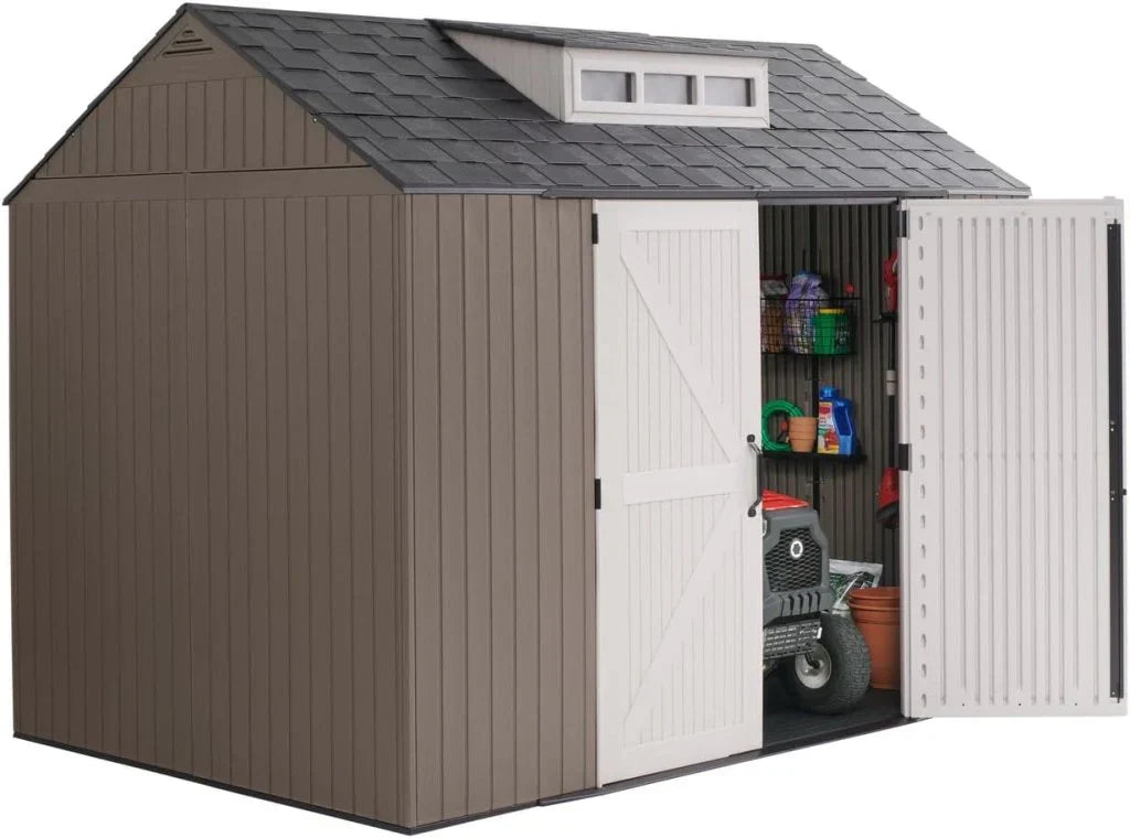 Rubbermaid Resin Outdoor Storage Shed With Floor (7 x 7 Ft) Weather Resistant Gray Organization for Home/Backyard/Garden Tools/Lawn Mower/Bike Storage/Pool Supplies