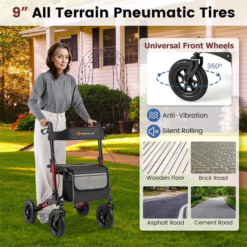 2-in-1 Folding Rolling Rollator Walker with Seat, 9" All-Terrain Pneumatic Tires & Height Adjustment, Aluminum Mobility Walking Aid for Seniors