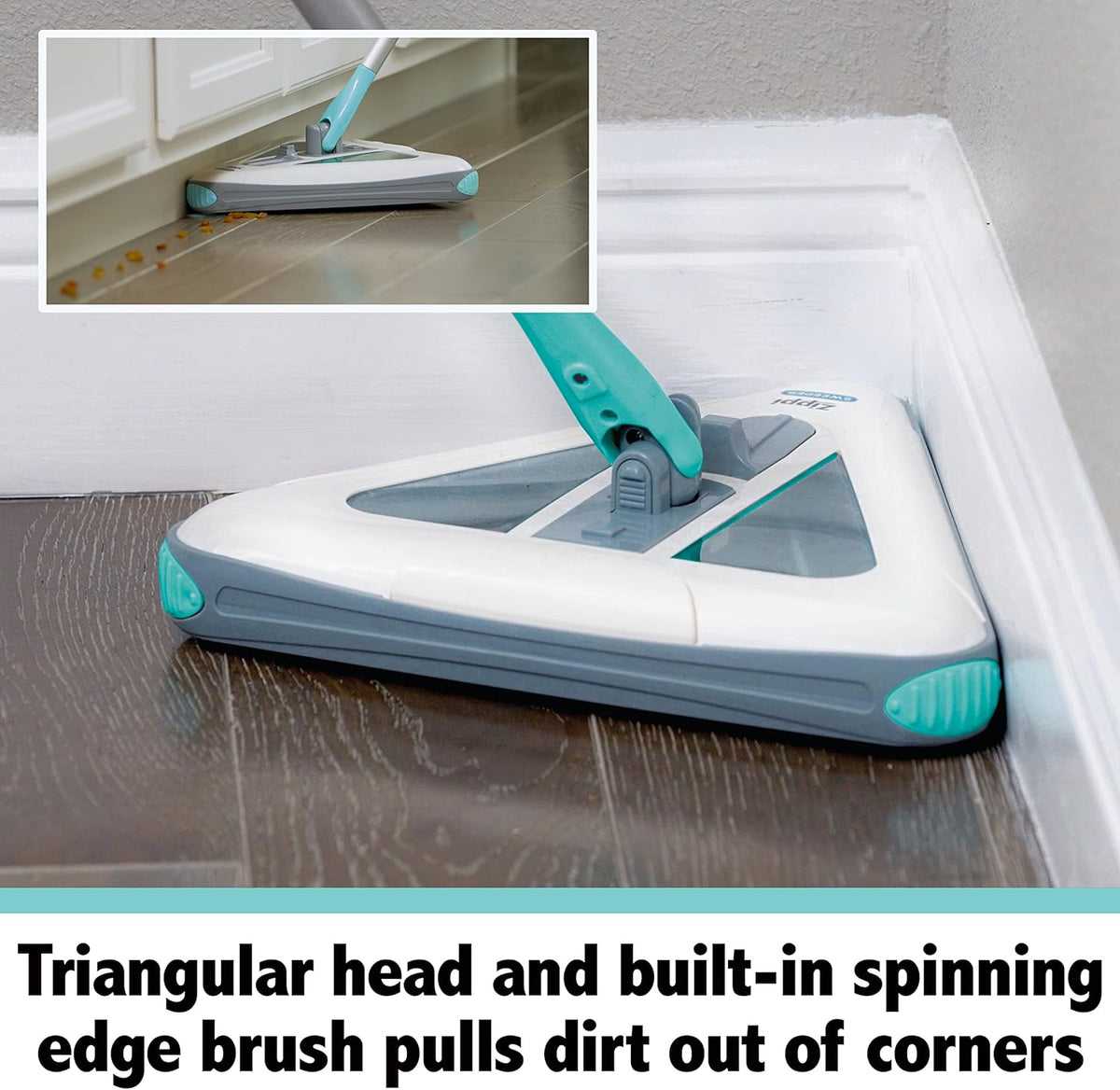 Zippi Sweeper Max- Powerful and Lightweight Sweeper  Perfect for Carpet Hardwood and Tile  Triangular Design Allows for Sweeping in Corners  1000 mAh Rechargeable Battery