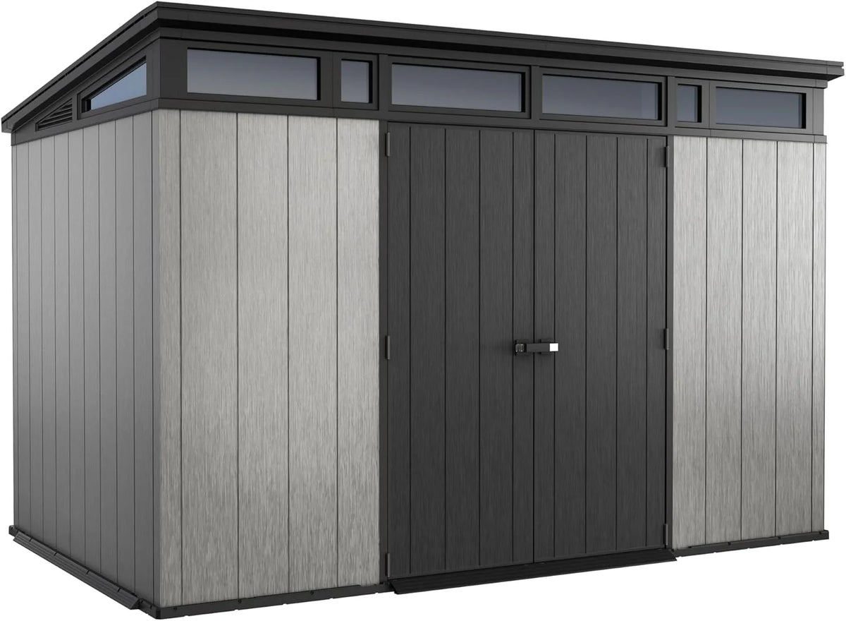 Keter Artisan 11x7 Modern Resin Outdoor Storage Shed Kit-Perfect to Store Patio Furniture, Garden Tools Bike Accessories, Beach Chairs and Lawn Mower, Grey & Black