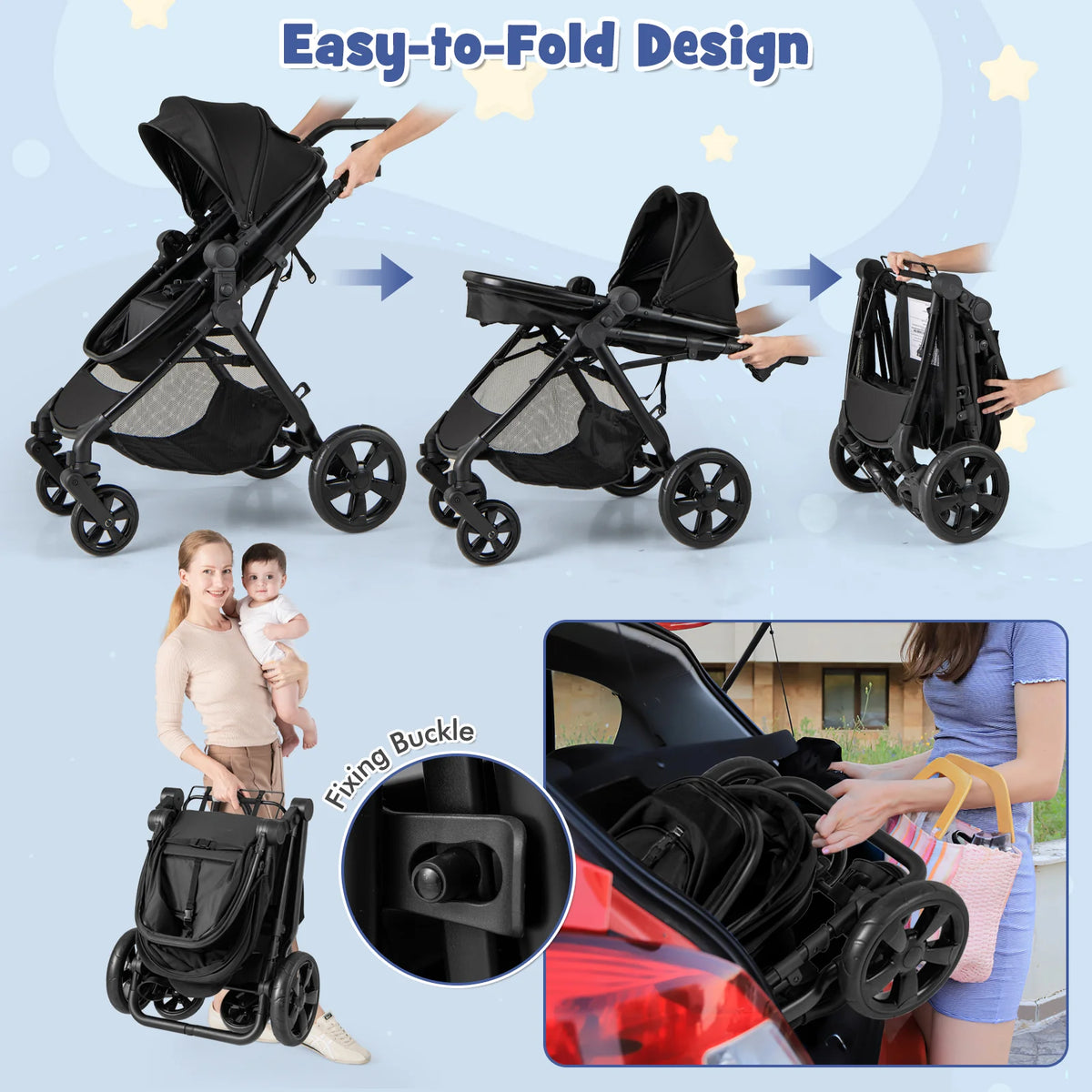 2-in-1 Convertible Baby Stroller, Foldable Infant Carriage with Reversible Seat