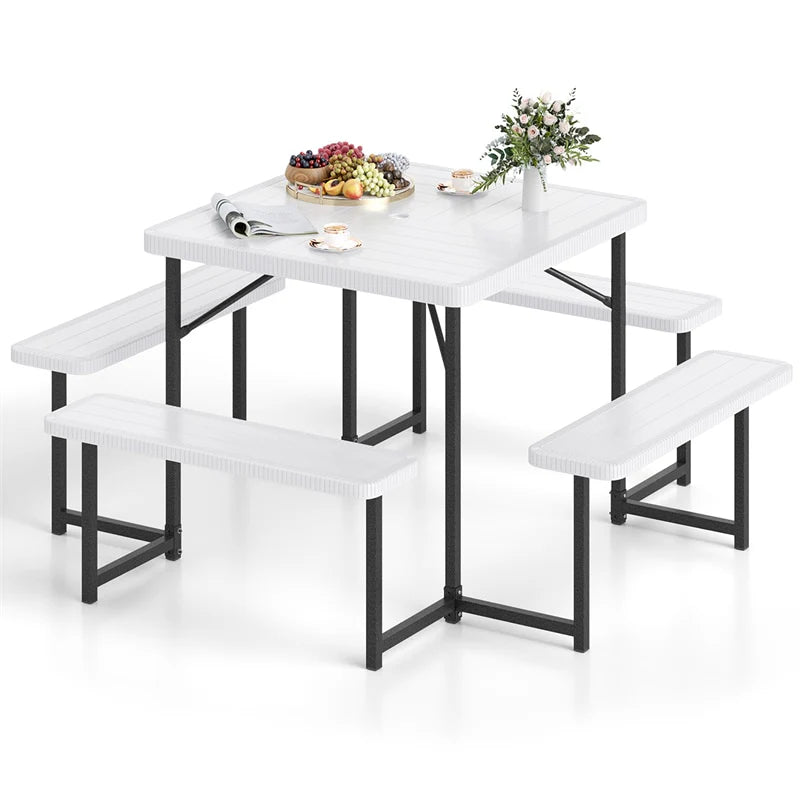 4-8 Person Outdoor Picnic Table Bench Set, All-Weather HDPE Square Dining Table with Umbrella Hole, 4 Benches & Metal Frame for Patio Backyard