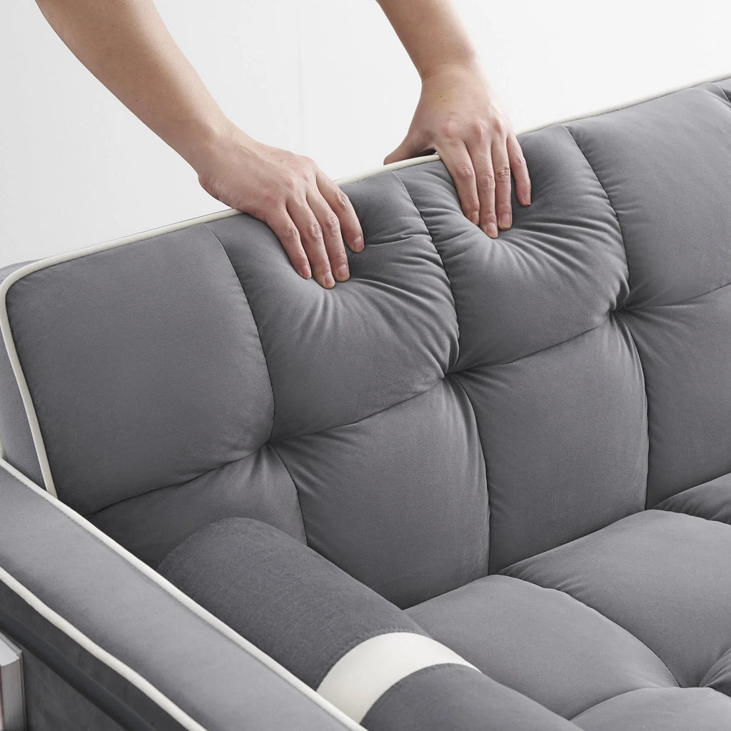 3 in 1 Sleeper Sofa Couch Bed,Small Tufted Velvet Convertible Loveseat Futon Sofa w/Pullout Bed,Adjustable Backrest,Cylinder Pillows,Multi-Pockets,Phone Holder for Living Room Apartment,Grey,55.5"