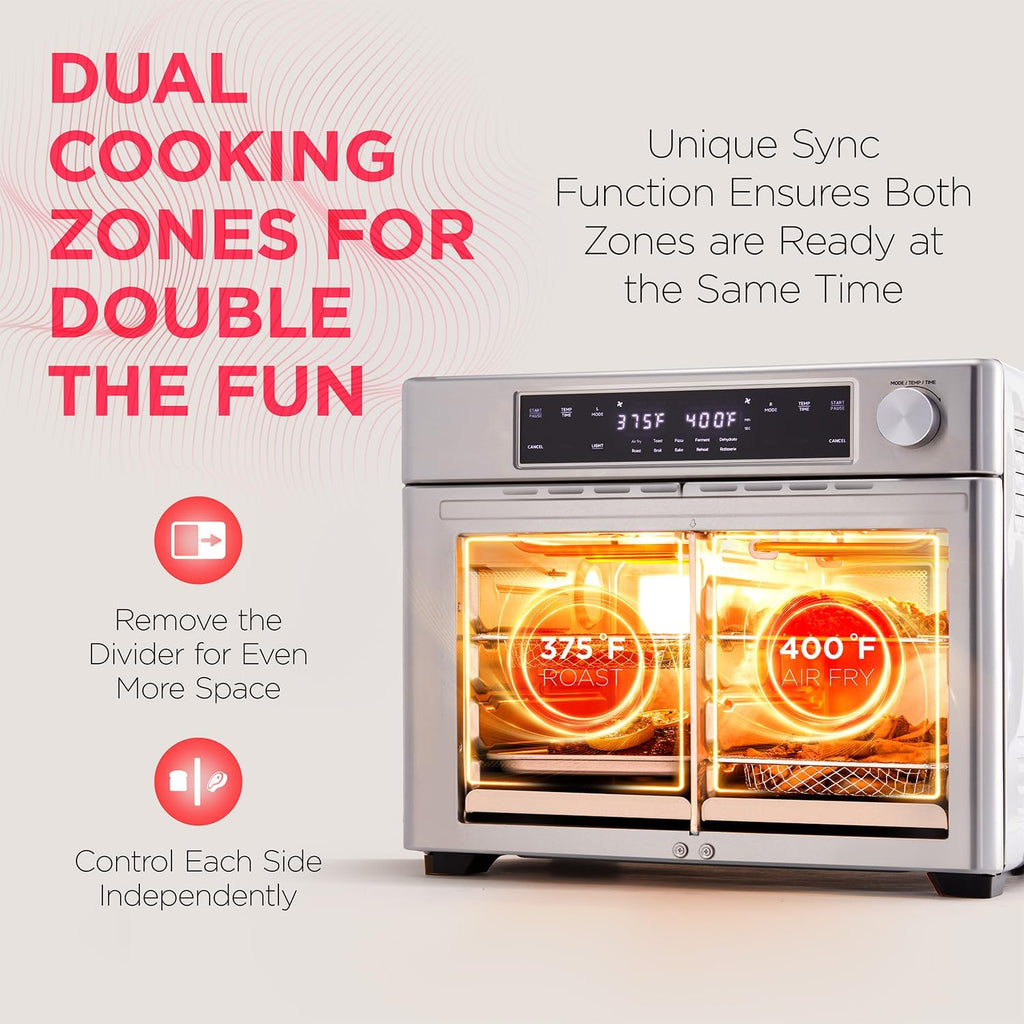 Ivation Dual Zone Air Fryer French Door Oven - 32 Quatity Convection Toaster Combo, 10-in-1 Multifunction Up to 450° - 1800W - Temperature Control, Timer - Stainless Steel - Dehydrate, Bake, Roast