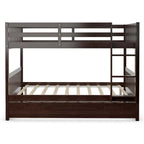 Solid Wood Full Over Full Bunk Bed Frame with Trundle, Safety Ladder & Guardrails, Convertible Bunk Bed for Kids Teens