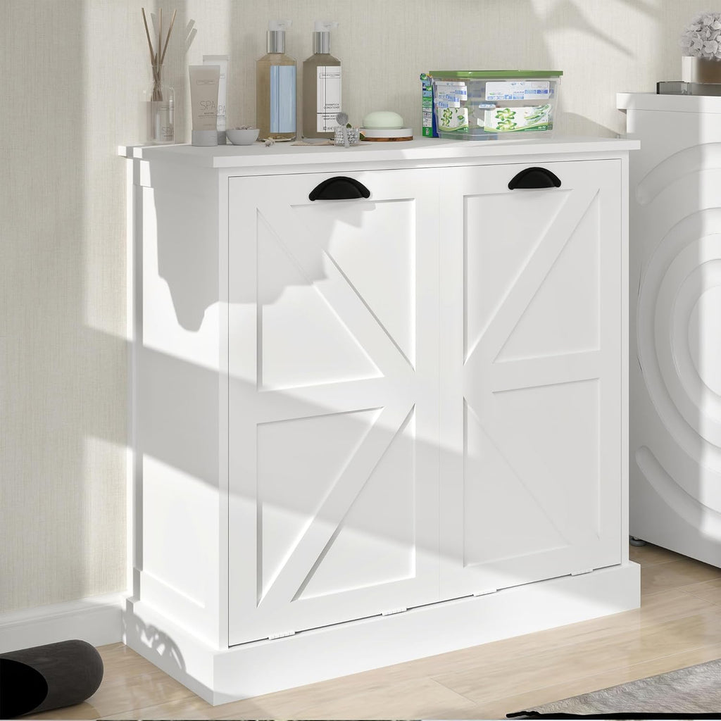 Tilt Out Laundry Hamper Cabinet with Basket, Removable Laundry Basket, Farmhouse Freestanding Hidden Trash Can Cabinet with Laundry Storage Basket for Bathroom, Kitchen