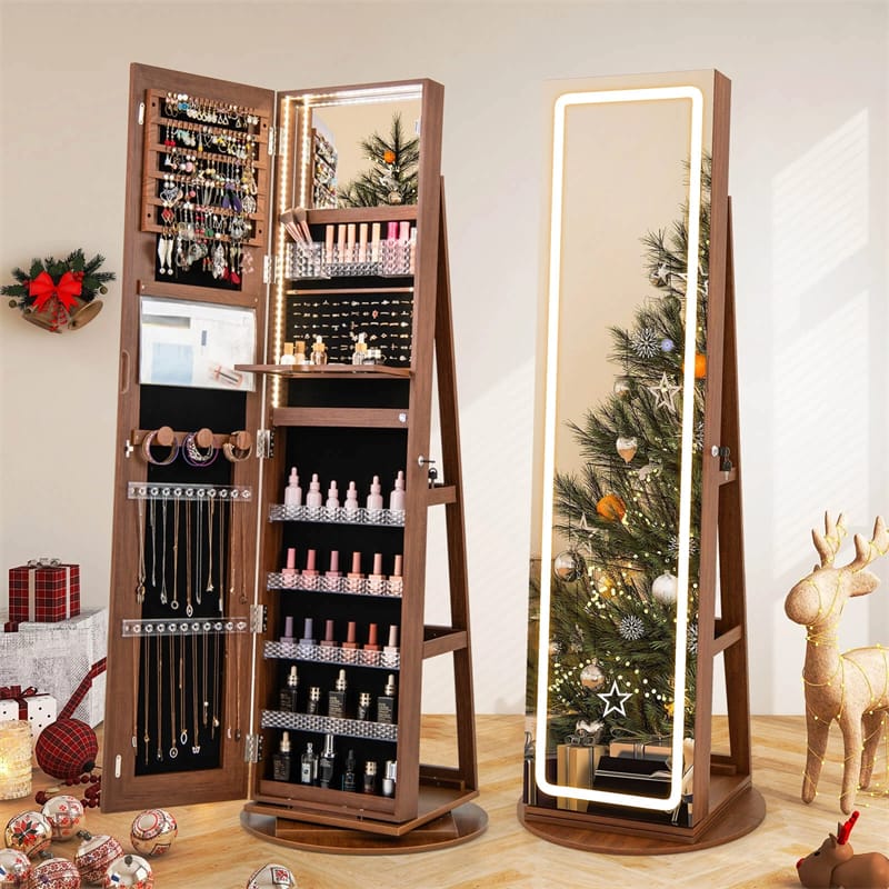 360�� Swivel Jewelry Cabinet Armoire w/ Full Length Mirror 3-Color LED Lights & Rear Shelves, Lockable Standing Jewelry Storage Organizer