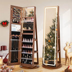 360�� Swivel Jewelry Cabinet Armoire w/ Full Length Mirror 3-Color LED Lights & Rear Shelves, Lockable Standing Jewelry Storage Organizer