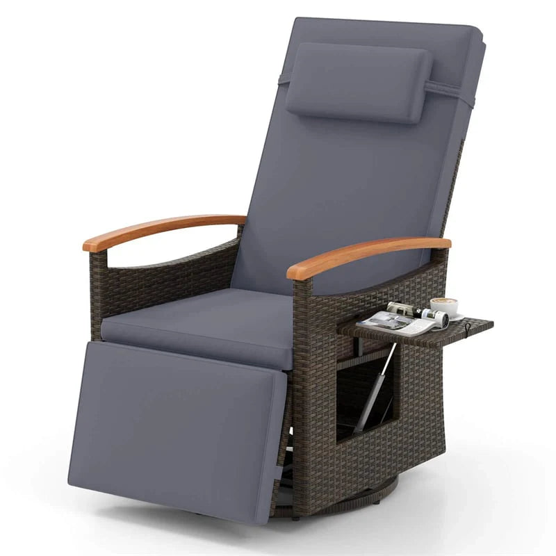 Outdoor Rattan 360�� Swivel Recliner Chair, Patio Wicker Chaise Lounge Chair with Adjustable Backrest & Footrest, Flip Side Table & Cushions