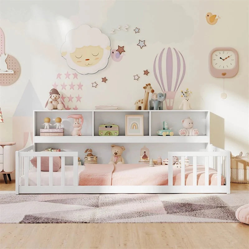 Twin Montessori Floor Bed, Wood Floor Bed Frame with Bookcase, Storage Shelves & Safety Fence Rails for Kids, No Box Spring Needed