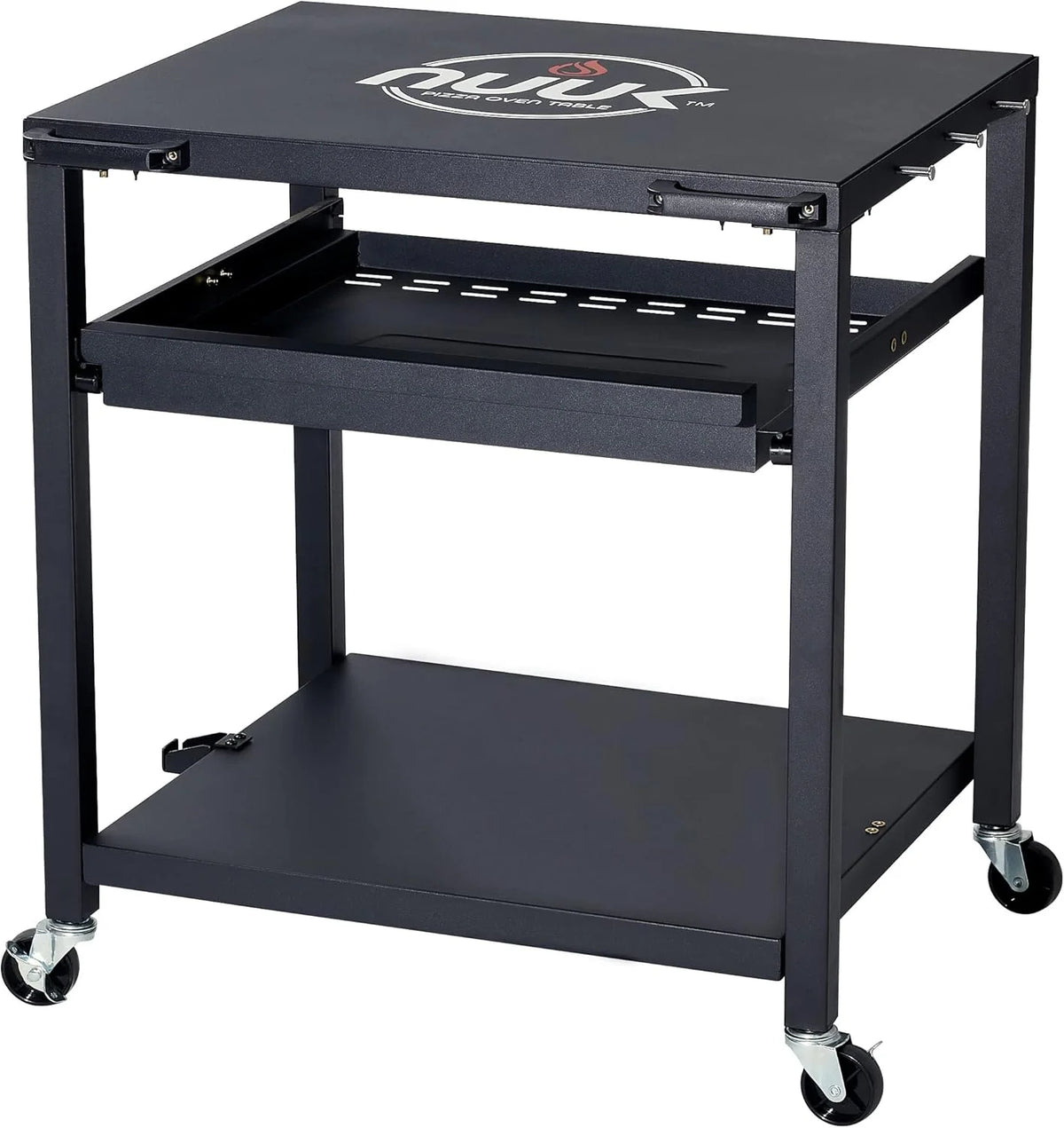NUUK Outdoor Pizza Oven Table, Heavy Duty Rolling Prep Station with Three Shelves, 24′′x30′′, Stainless or Solid Steel