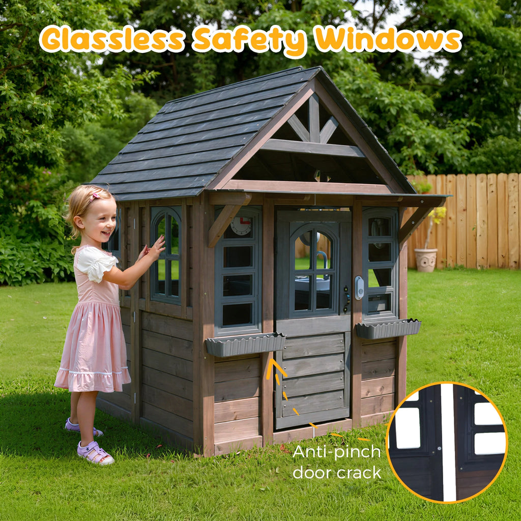 COCLUB Outdoor Playhouse for Kids Ages 4-8, Wooden Play House with Doorbell, Phone, Kitchen Toys, Outdoor Kids Play Equipment, Casa Para Niñas (45”L x 65”H), White & Black