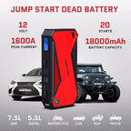 Peak 1600A 18000mAh Car Battery Jump Starter, up to 7.2 Gas, 5.5L Diesel Engines, Portable Battery Booster with Smart Charging Port, LCD Display, Intelligent Jumper Clamps, DJS90, Red Black