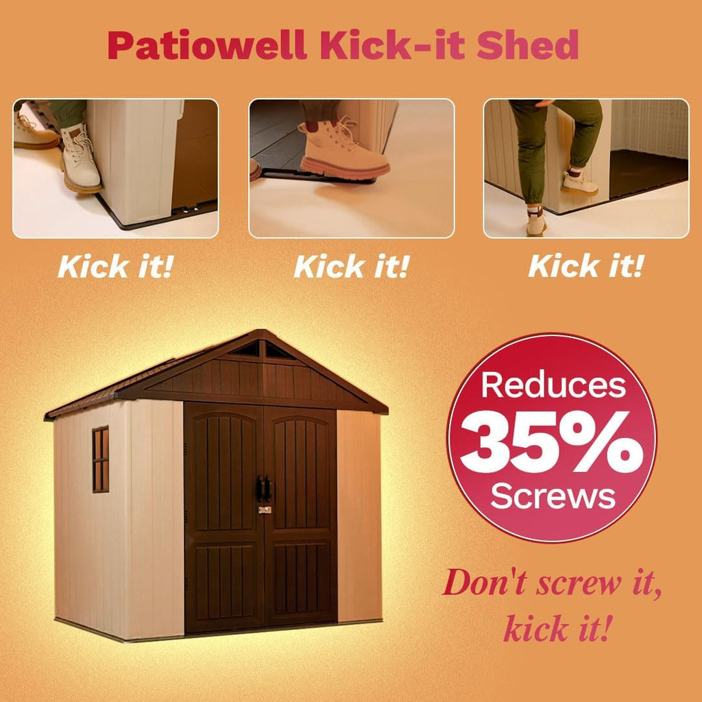 Patiowell 8 x 6 FT Plastic Outdoor Storage Shed with Floor  Resin Shed with Window and Lockable Door for Garden  Backyard  Tool Storage Use  Easy to Install in Beige (Kick-it Shed)