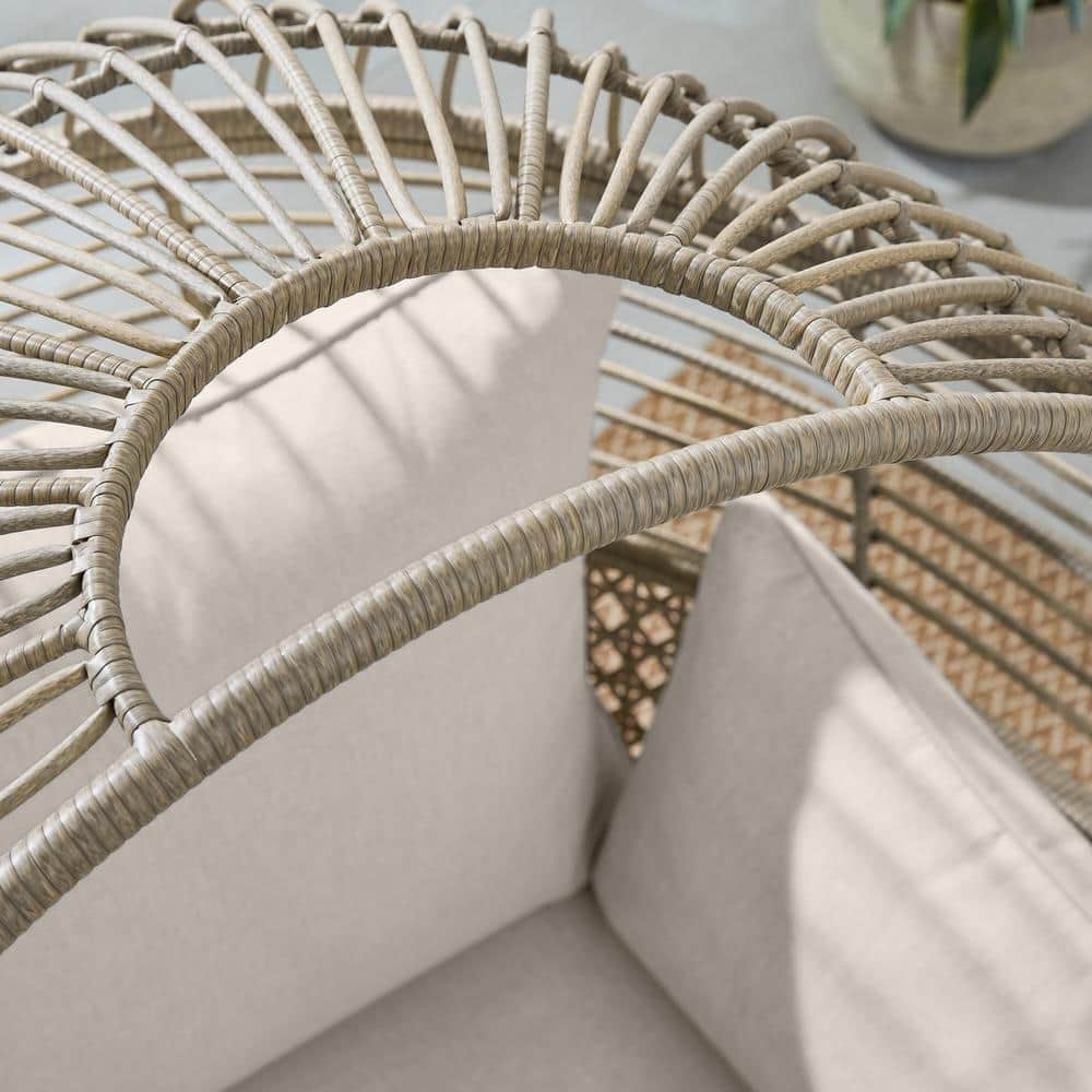 Hampton Bay Tan Stationary Wicker Round Outdoor Lounge Egg Chair with CushionGuard Almond Biscotti Cushions FRS51294M