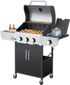 Upgraded 4 Burner BBQ Propane Gas Grill with Cast Iron Grates & Side Stove, 44,000 BTU Stainless Steel Burner Barbecue Grill for Patio, Camping, Outdoor Cooking MELLCOM