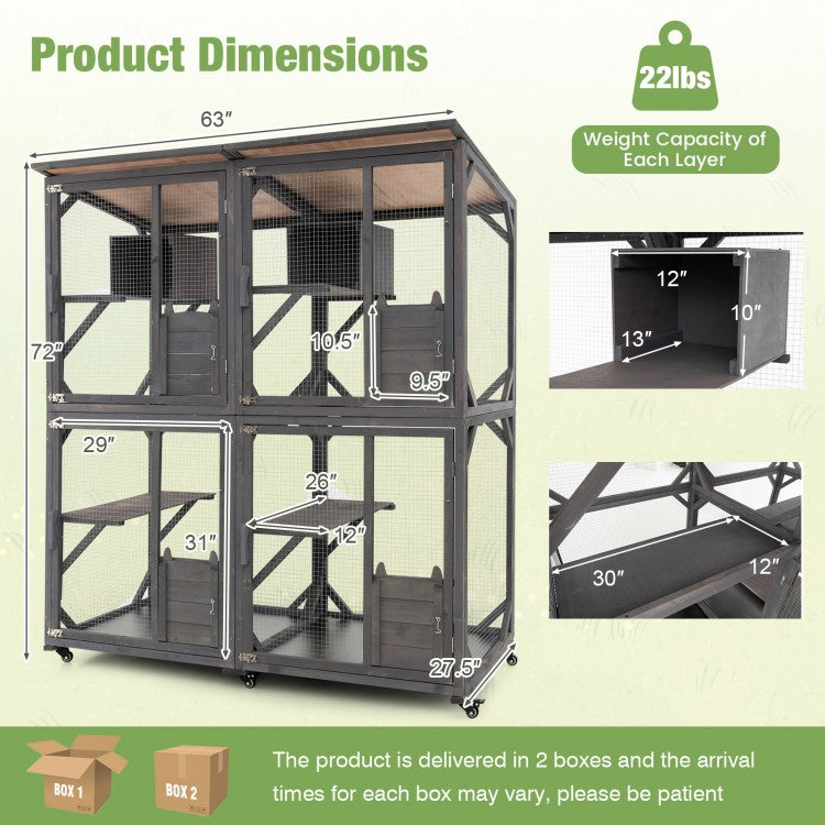 72 Inch Large Wooden Cat House Catio Kitten Enclosure on Wheels with Weatherproof Asphalt Roof