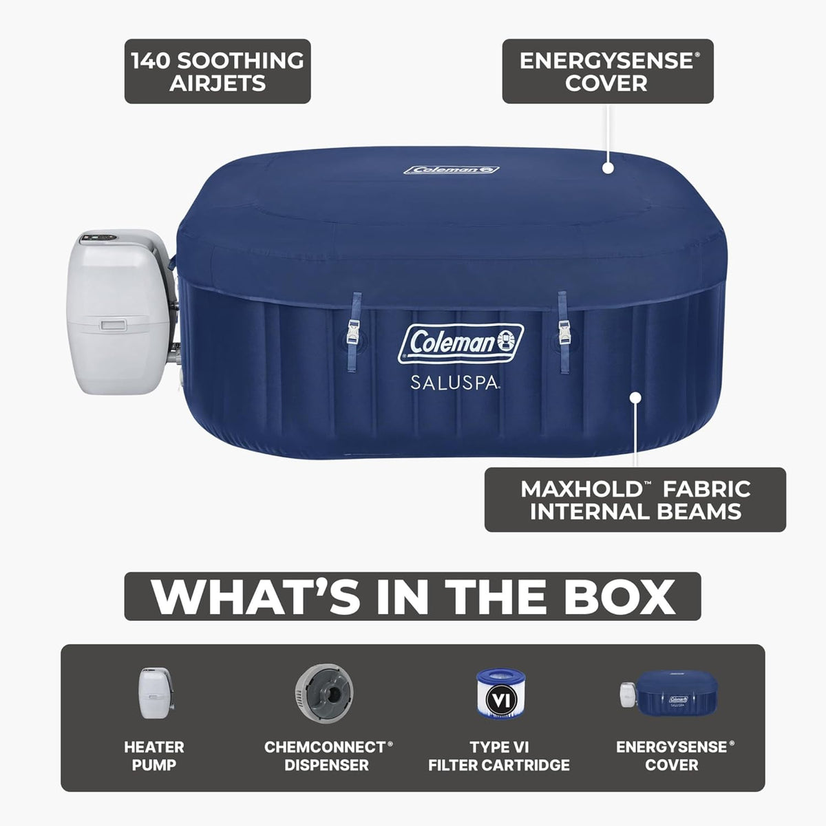 Coleman SaluSpa Atlantis AirJet Inflatable Hot Tub  4 to 6 Person Square Portable Outdoor Spa with 140 Air Jets  App Control and EnergySense Insulated Cover  71" x 28"