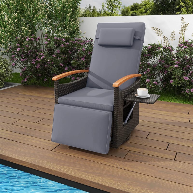 Outdoor Rattan 360�� Swivel Recliner Chair, Patio Wicker Chaise Lounge Chair with Adjustable Backrest & Footrest, Flip Side Table & Cushions