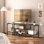 TV Stand with Power Outlets to 75 Inches, TV Console Table with Open Storage Shelves Cabinet, Industrial Media Entertainment Center for Living Room Bedroom, Rustic Brown and Black BF60DS01